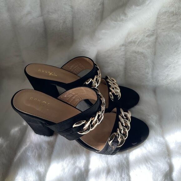 Rouge gold tone chain decor faux suede black heels size 9 - Picture 3 of 14